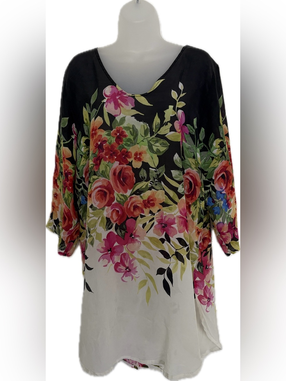 Johnny Was Black Floral V-Neck Blouse with Pink, Red and Green
